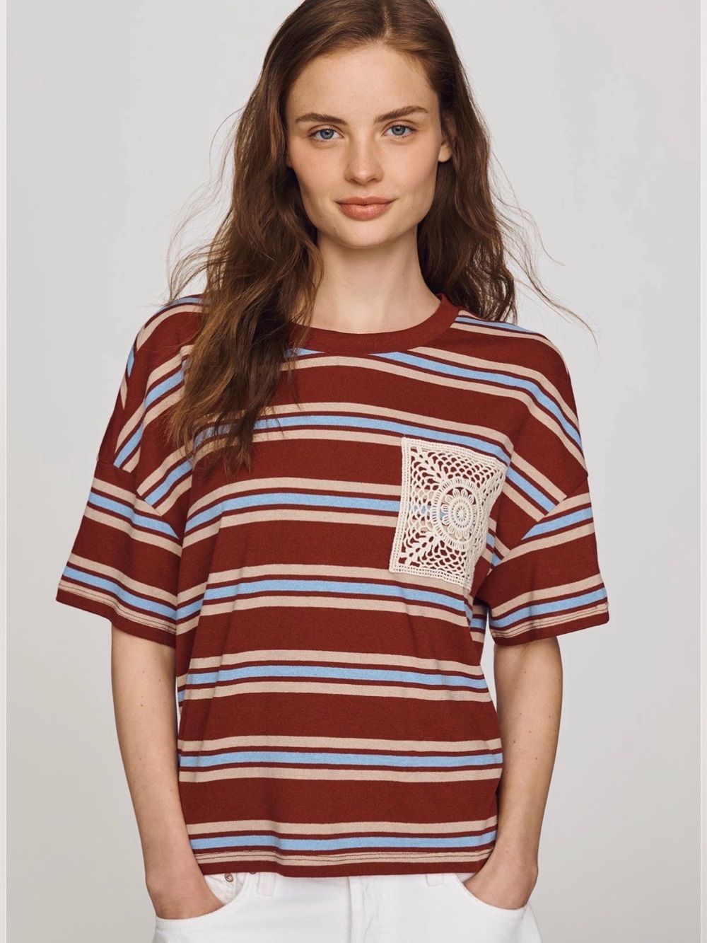 Anthropologie Pilcro Crochet Pocket Tee in Red Stripe Size Medium Worn Once!